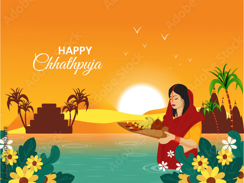 Happy Chhath Puja with Indian woman standing in river holding full worship soop, beautiful background design, Vector Illustration.