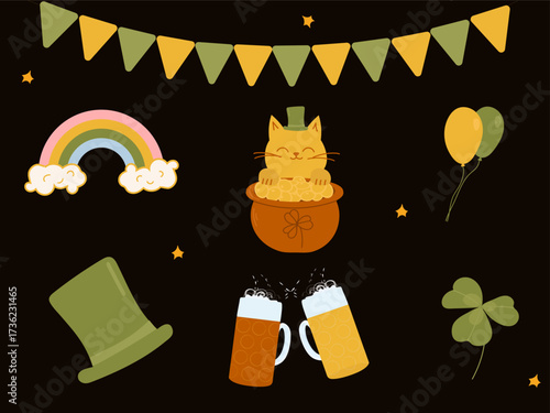 Saint Patrick's Day flat icons set on black background. Modern irish symbols in cartoon style. Colored vector illustration