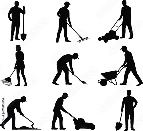 Gardening silhouette, landscaping worker, shovel and rake pose, lawnmower action, wheelbarrow icon, black vector, outdoor task, white background, tool use