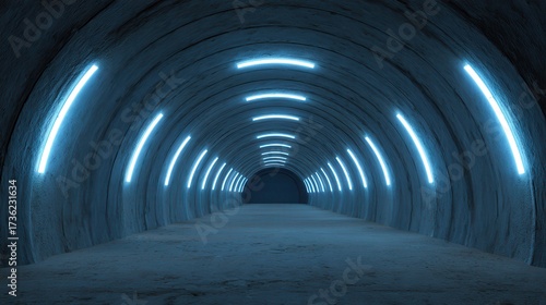 A futuristic tunnel illuminated by blue neon lights