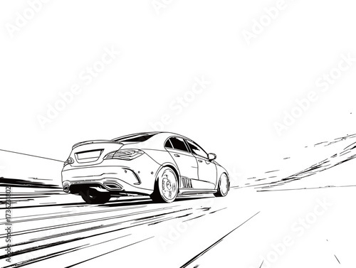 A sleek car speeds along a curvy road, captured in a dynamic black and white sketch. The motion creates a sense of excitement and adrenaline as it races forward.