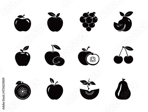A collection of black fruit silhouettes is displayed in a grid format. The fruits include apples, grapes, cherries, and pears, highlighting their unique shapes.