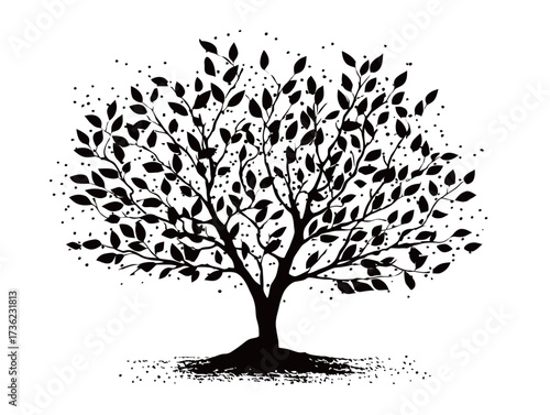 A black silhouette of a large tree features intricate leaf patterns and is surrounded by scattered elements, representing the elegance and simplicity of nature.