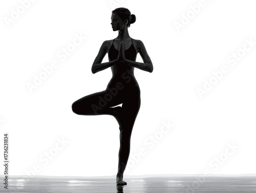 A woman performs a yoga pose with her hands in prayer position, set against a minimalist background. The calming silhouette highlights her focus and balance.