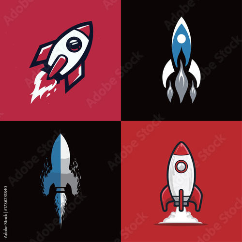 Four unique rocket designs display various launching stages. Each design features bold colors and dynamic shapes, creating a sense of movement and energy.