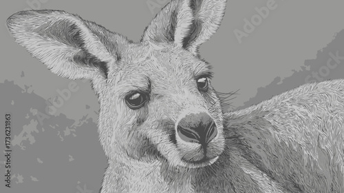 Grayscale illustration of a wild kangaroo head, a native Australian marsupial. Detailed monochrome animal sketch.