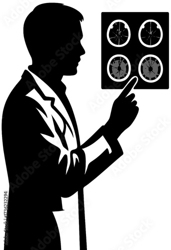 Doctor Radiologist Silhouette Checking Brain CT Scan | Medical Vector