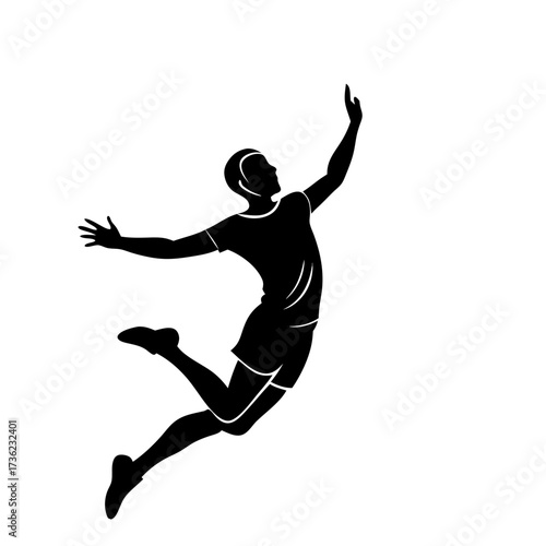 Volleyball champion mid-leap launching a forceful attack strike on ball, vector black silhouette illustration design on white background