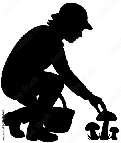 Foraging Silhouette | Person Picking Mushrooms with Basket Vector