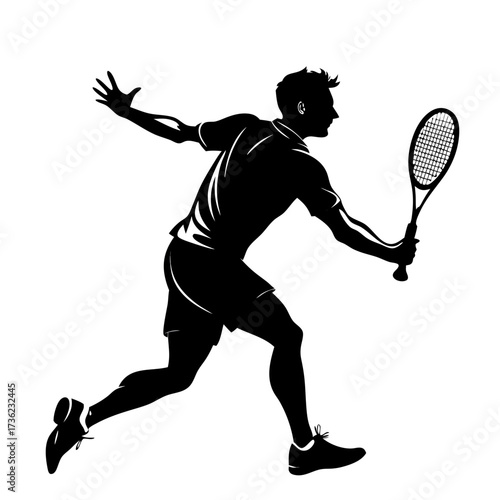 Caucasian male athlete midair forehand preparation with padel racket, vector black silhouette illustration design on white background