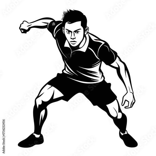Focused Asian male athlete bending forward in aggressive padel return motion, vector black silhouette illustration design on white background