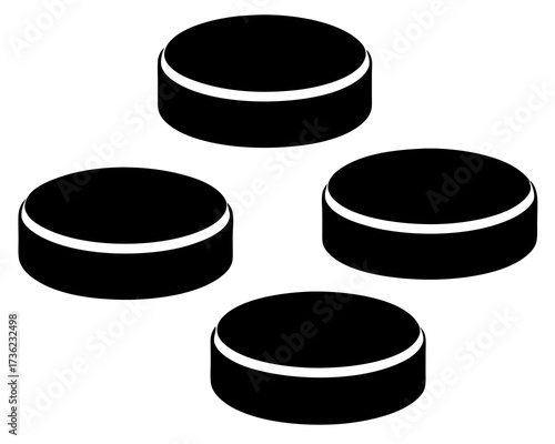 Ice hockey pucks arranged in set of different viewing angles, vector black silhouette illustration design on white background