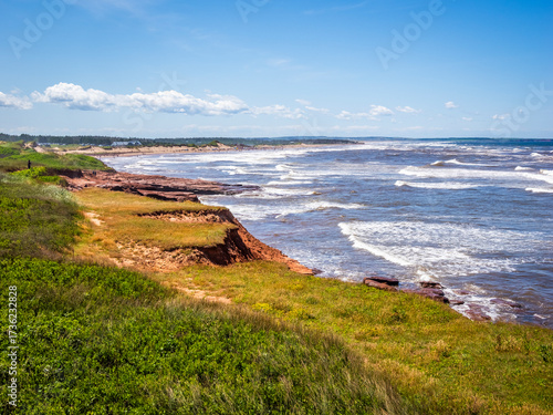 Rugged red cliff coast in Prince Edward Island National Park on the north shore of Prince Edward Island Canada
