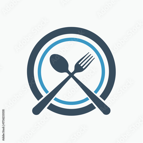 Modern Culinary Symbol: Fork and Spoon Crossing a Plate Within a Circular Graphic
