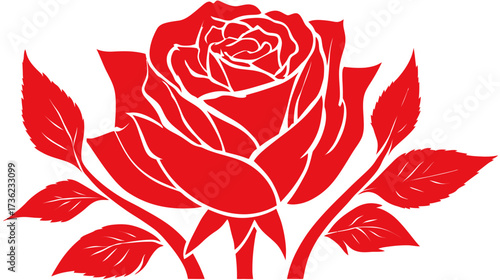 Red rose flower vector illustration, elegant floral graphic with detailed petals and leaves, perfect for design elements, beauty, love, and romance themes.
