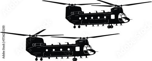 Military helicopter silhouette, CH-47 Chinook, tandem rotor aircraft, black vector illustration, aviation transport, army vehicle, flight, defense, war, logistics