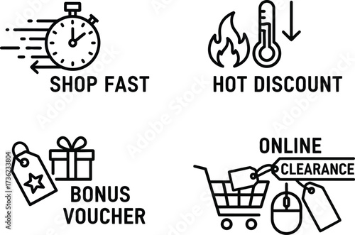 Vector art of shop fast, hot discount, and bonus voucher graphics