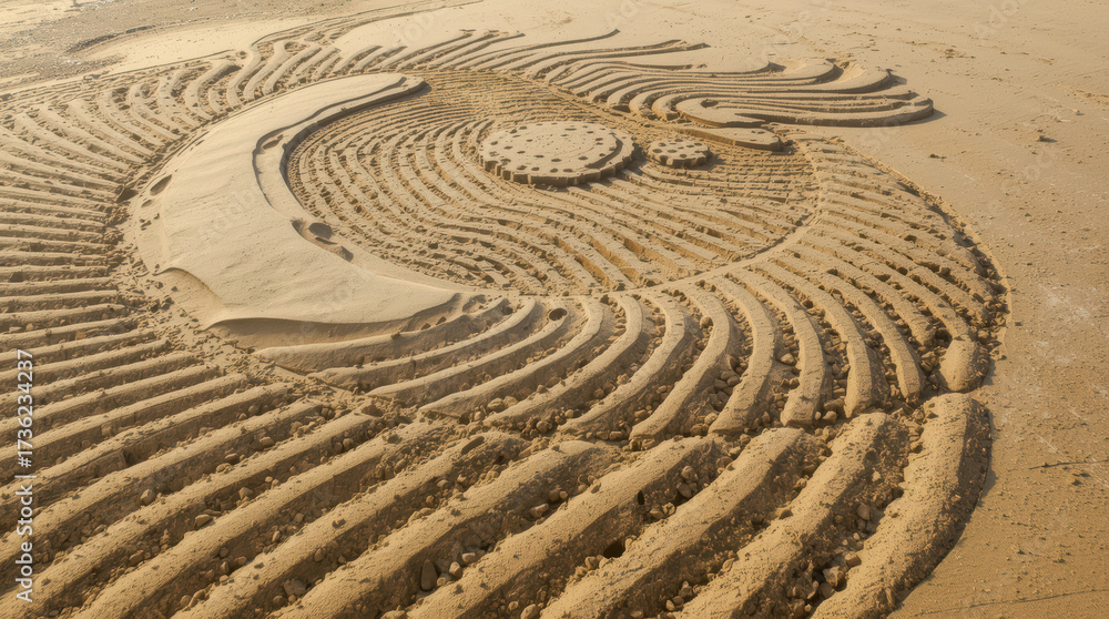 Naklejka premium Intricate sand art design on beach showcases swirling patterns and circular shapes, creating mesmerizing visual effect. craftsmanship highlights beauty of nature and creativity