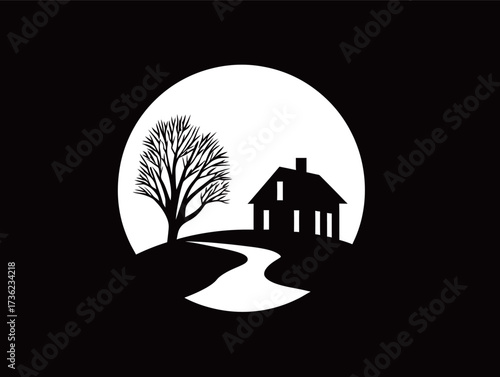 A serene scene showing a silhouetted house and tree on a hill, illuminated by a large full moon. A winding path leads to the house, creating a peaceful atmosphere.