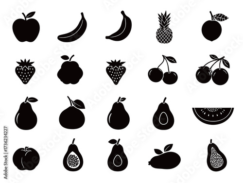 A collection of black silhouettes depicting various fruits such as apples, bananas, and strawberries arranged in a neat grid pattern.
