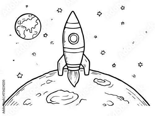 A rocket is taking off from the surface of the moon, with Earth visible in the background amid stars. This depicts a scene of space exploration.