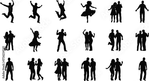 Silhouette people, dancing pose, jumping figure, expressive movement, black outline, human gesture, active lifestyle, vector art, white background, celebration