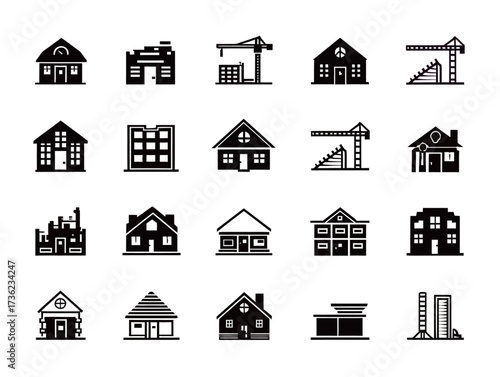 The collection features black icons illustrating various buildings, including houses, commercial spaces, and construction elements.