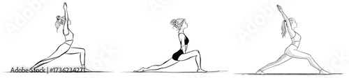 Three women perform different yoga poses, emphasizing strength and flexibility. Each pose highlights body alignment and concentration, promoting health and mindfulness.