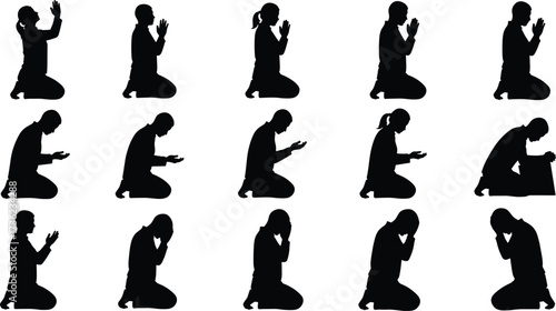Prayer silhouette, kneeling figure, spiritual pose, emotional gesture, black vector, meditation icon, faith expression, white background, side profile, devotion