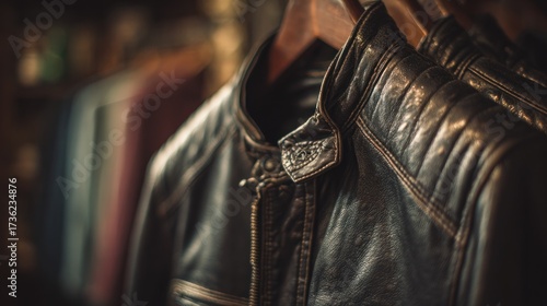 Close-up view of several dark leather jackets hanging