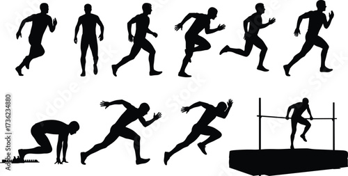 Sprint silhouette, high jump motion, athlete in action, track and field icon, black vector, sports movement, white background, training phase
