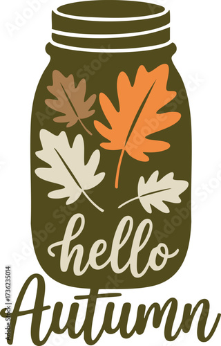 Mason Jar with Autumn Leaves and Hello Autumn Text