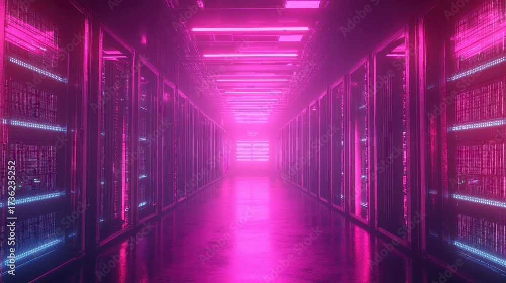 Fototapeta premium A neon pink server room hallway with bright lights