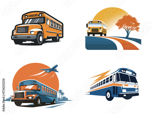 Four colorful illustrations depict school buses, a roadway, an airplane, and additional transportation themes showing movement and travel.
