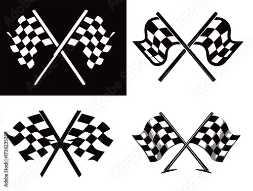 Two checkered flags cross each other in a striking design, symbolizing the excitement of racing events. This graphic captures the spirit of competition and speed.