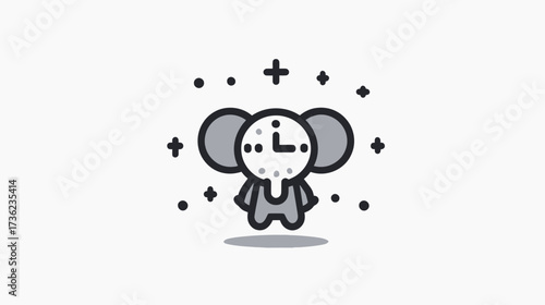 Cute cartoon elephant with a clock face, a minimalist black and white vector illustration representing time management or deadline concepts.