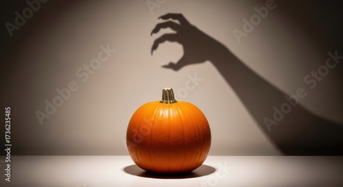 Spooky hand shadow reaching for a halloween pumpkin