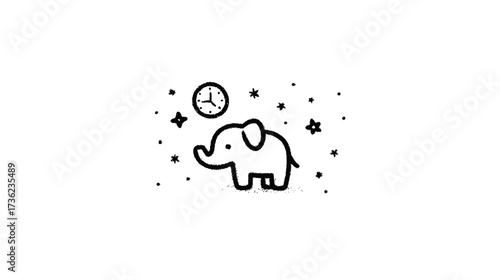 Sweet elephant dreaming with a clock and stars, simple line art illustration for sleep, night, or bedtime concepts.