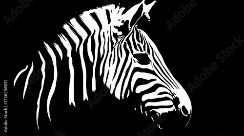 Striking black and white zebra head illustration. Artistic profile view with bold, contrasting stripes against a dark background, showcasing unique pattern.