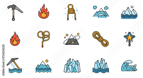 Vibrant flat vector icons showcase an energetic ice climbing axe with a flame, a celestial rope star, a majestic orbiting mountain, and a powerful glacier wave, symbolizing extreme alpine adventure.