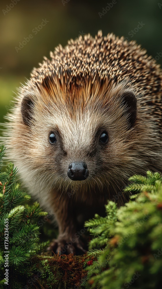 Fototapeta premium Close encounter with a hedgehog in a lush forest during golden hour