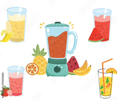  A cute, colorful illustration featuring a blender full of liquid, surrounded by various fruits (banana, strawberry, pineapple, watermelon, orange) and glasses of different smoothies and juices.