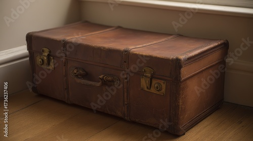overstuffed. An overstuffed leather suitcase with straining clasps on a wooden floor. lifestyle magazines, social media lookbooks, designed for lifestyle magazines and social media content.