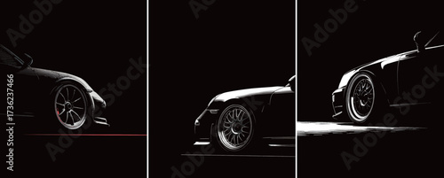 Three artistic silhouettes of sports cars are displayed against a dark background, showcasing their sleek lines and wheels, emphasizing elegance and design.