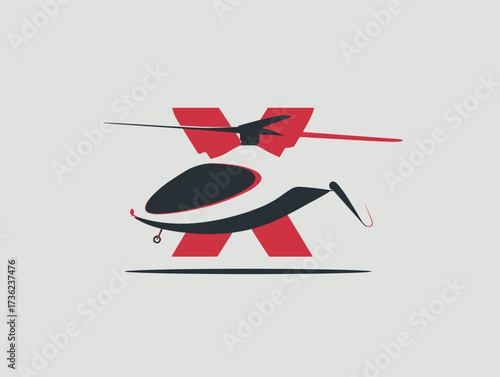A helicopter is shown in flight with a unique artistic style featuring a bold red and black design backdrop. The image highlights the helicopters shape and movement.