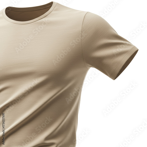 Wallpaper Mural Extreme close-up of a light beige short-sleeved cotton t-shirt, draped, showing delicate fibers, crisp stitching, rich texture on a transparent studio background. Concept of product luxury Torontodigital.ca