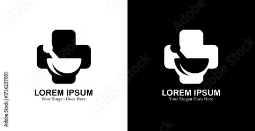 Cross shaped logo design combined with bowl and pestle