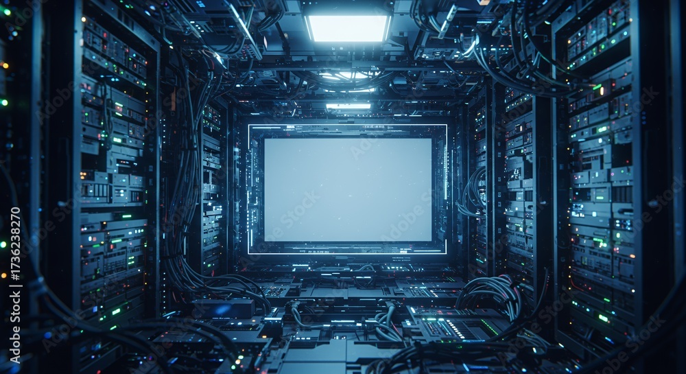 Fototapeta premium Futuristic data center room with glowing server racks and networking cables illuminated by blue LED lights digital infrastructure high-tech data storage technological environment science fiction style