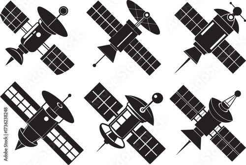 set of space satellite silhouette, vector and illustration, black and white