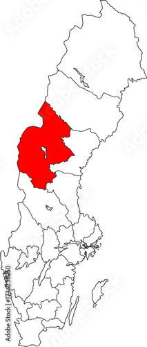 Detailed vector map of Sweden highlighting Jämtland County, a large central region known for its mountains, skiing, and border with Norway.

